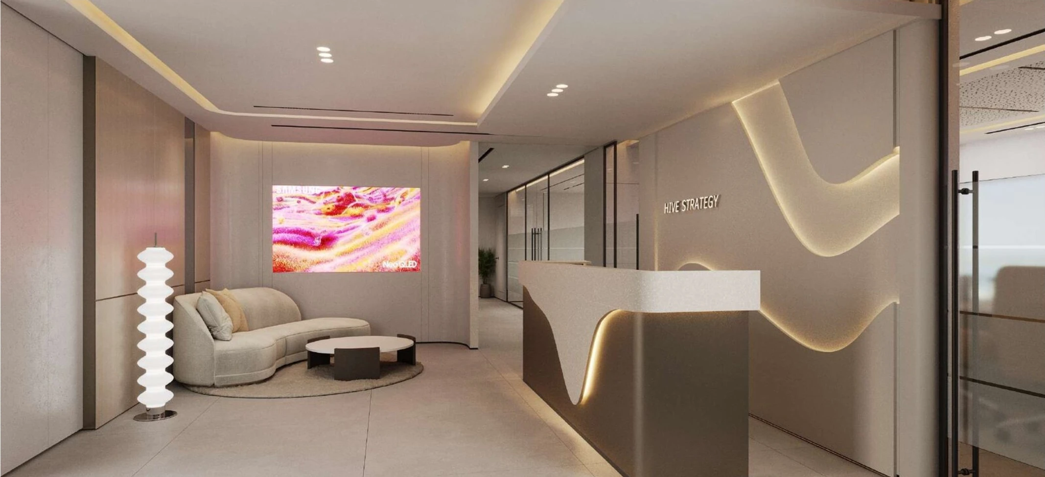 Hive Strategy — Office: A sculpted reception, executive office, boardroom and lounge designed as one calm, contemporary experience.